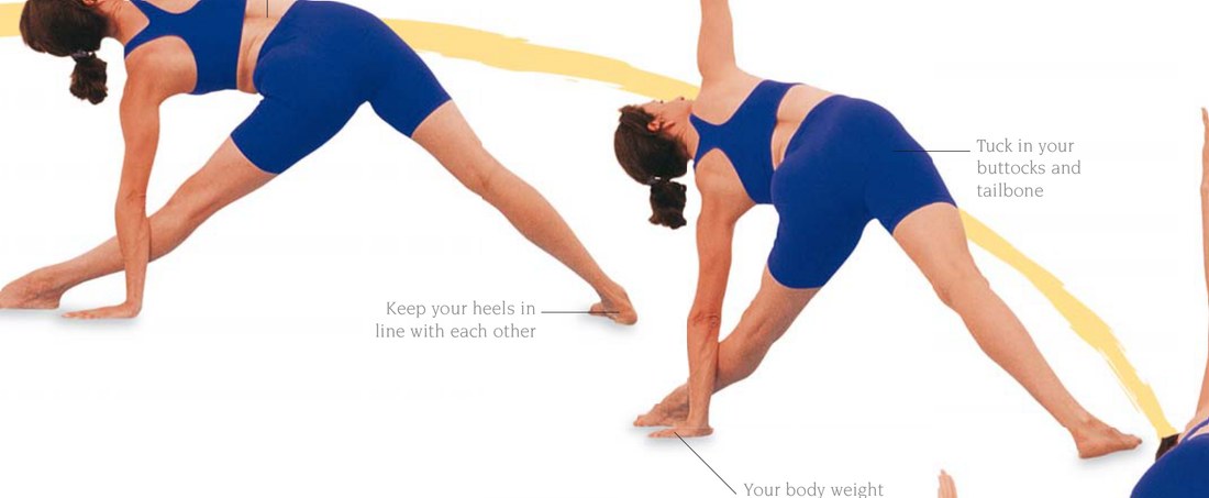 Utthita Trikonasana — giữ lòng bàn tay phải mở và kéo giãn hoàn toàn