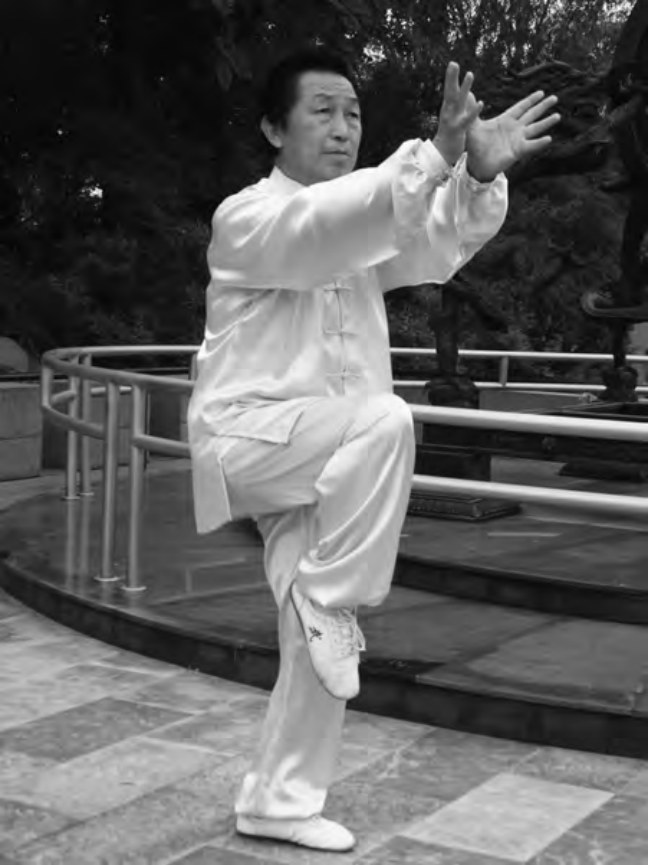 Đại sư Cao Kế Vũ giữ thế Bạch Viên Hiến Quả với hai lòng bàn tay nâng lên và một đầu gối co