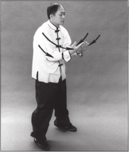 Kéo hai tay về eo, xoay lòng bàn tay lên