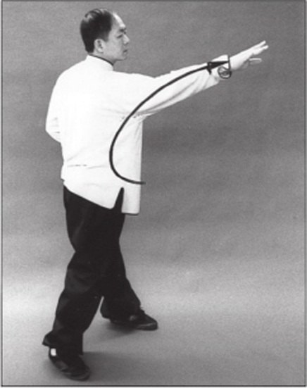Thở ra, duỗi tay phải sang bên rồi tới trước theo chiều ngược kim đồng hồ