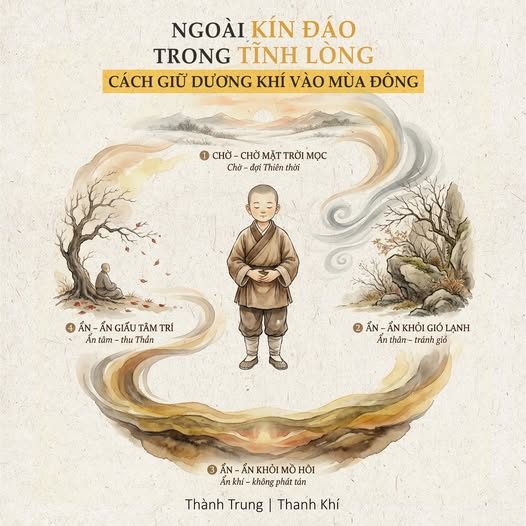 MUỐN KHOẺ MÙA ĐÔNG — HÃY GIỮ DƯƠNG KHÍ TRONG LÒNG — Trong Đông Y, mùa Đông gọi là mùa “BẾ TÀNG” — – đóng kín, ẩn nấp, tích trữ. — Hãy nhìn tự nhiên: — - Nước lạnh băng — - Đất khô nứt — - Cây rụng lá — - Gấu ngủ đông