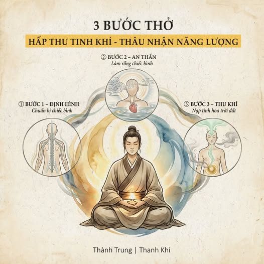 3 BƯỚC THỞ — HẤP THU TINH KHÍ – THÂU NHẬN NĂNG LƯỢNG — Trong những trang sách cổ của Hoàng Đế Nội Kinh, có một câu hỏi đã day dứt suốt hàng nghìn năm: — Vì sao người Thượng cổ sống trăm tuổi mà gân cốt vẫn vững chãi, — còn người thời nay mới nửa đời đã “thân mòn khí kiệt”? — Câu trả lời không nằm ở thuốc bổ hay dược liệu quý hiếm. — Nó nằm ở một việc chúng ta làm hơn 20.000 lần mỗi ngày — nhưng lại làm sai căn bản: HÍT THỞ.