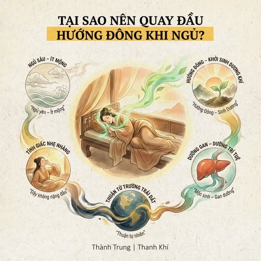 "MUỐN SỐNG LÂU, SÁNG DẠ — HÃY QUAY ĐẦU VỀ PHƯƠNG ĐÔNG!" — (Bí quyết để sáng dậy đầu óc minh mẫn, người nhẹ, khí vượng) — Có khi nào bạn ngủ đủ giờ — nhưng sáng dậy vẫn nặng đầu, uể oải? — Ngoài giờ ngủ, hướng nằm là yếu tố rất nhiều người bỏ qua. — Trong Hoàng Đế Nội Kinh, người xưa khuyên: — Muốn sinh khí mạnh, hãy thuận hướng sinh khí.