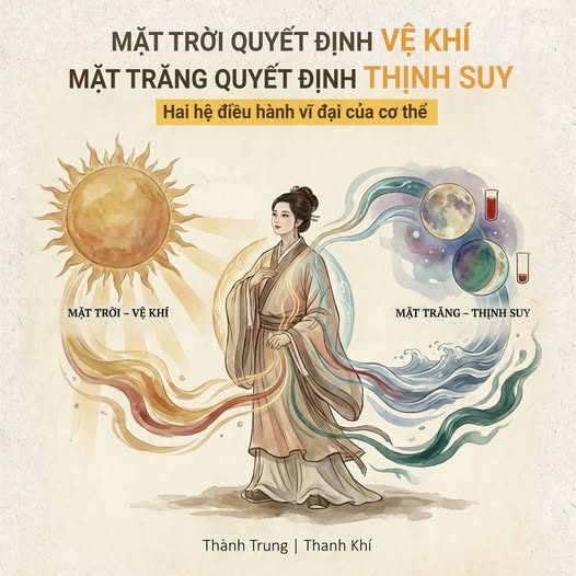 MẶT TRỜI LÀ “CÔNG TẮC” – MẶT TRĂNG LÀ “CỤC PIN” — (Giải mã 2 quy luật sinh tồn của Hoàng Đế Nội Kinh) — Cơ thể con người không vận hành ngẫu nhiên. — Nó chạy theo hai nhịp lớn của vũ trụ: Mặt Trời và Mặt Trăng. — Hoàng Đế Nội Kinh nói gọn: — Mặt Trời chủ Vệ khí (Động – Tĩnh) — Mặt Trăng chủ Huyết (Đầy – Vơi)
