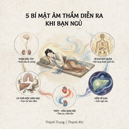 KHI MẮT NHẮM LẠI - SỰ SỐNG KHÁC ĐƯỢC BẮT ĐẦU — Bạn tưởng rằng: ngủ là mọi thứ dừng lại. — Nhưng theo Hoàng Đế Nội Kinh, ngủ chính là lúc cơ thể làm việc bận rộn nhất. — Khi bạn nhắm mắt, một “ca bảo trì sinh mệnh” bắt đầu. — Nếu hiểu 5 điều dưới đây, bạn sẽ không còn coi nhẹ giấc ngủ nữa.