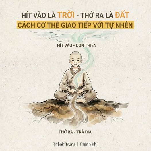 HƠI THỞ: CẦU NỐI GIỮA TIỂU VŨ TRỤ VÀ ĐẠI VŨ TRỤ — Con người không “sống trong” tự nhiên. — Con người đang thở cùng tự nhiên. — Hoàng Đế Nội Kinh nhìn hơi thở không phải là sinh lý đơn thuần, — mà là cuộc trao đổi sống còn giữa Trời – Đất – Người. — 1. HÍT VÀO LÀ TRỜI — Khi bạn hít vào, — bạn đang đưa Thiên khí vào cơ thể. — Đó không chỉ là oxy. — Đó là: — Khí của bầu trời
