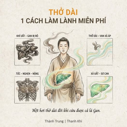 MÌNH HAY LÉN THỞ DÀI — Bởi vì ông bà hay mắng: — “Đừng thở ngắn than dài, mất hết lộc!” — Nhưng giờ mới biết dưới góc nhìn của Hoàng Đế Nội Kinh, — tiếng thở dài không phải xui xẻo. — Đó là tiếng kêu cứu của lá Gan, — và cũng là cơ chế tự chữa lành thông minh nhất của cơ thể. — 1. THỞ DÀI KHÔNG PHẢI TIÊU CỰC — Mà là phản xạ sinh tồn