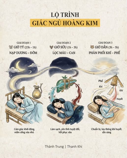 BẢN ĐỒ SINH HỌC GIÚP — DƯỠNG MỆNH – KÉO DÀI TUỔI THỌ — Ngủ không đúng GIỜ, — thì ngủ bao nhiêu cũng KHÔNG BÙ ĐƯỢC MỆNH. — 1. GIAI ĐOẠN “NẠP DƯƠNG” – GIỜ TÝ (23h – 1h sáng) — Cơ quan trực ban: Đởm (Túi mật) — Nội Kinh viết: "Nhất dương sinh" — Một tia Dương khí bắt đầu sinh ra vào giờ Tý — Nhiệm vụ: — Đởm không chỉ tiết dịch tiêu hóa,