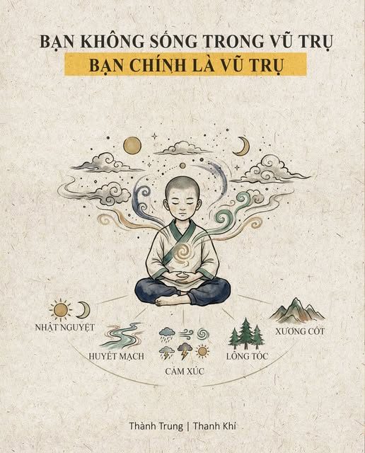 BẠN KHÔNG SỐNG TRONG VŨ TRỤ — BẠN CHÍNH LÀ MỘT VŨ TRỤ THU NHỎ — Nội Kinh nói thẳng một điều khiến người ta phải im lặng: — "Thân người là hình bóng của Trời Đất." — Tạo hóa không “lắp ráp” con người một cách ngẫu nhiên. — Ngài dùng chính cấu trúc của Trời – Đất – Nhật – Nguyệt để tạo ra. — CƠ THỂ BẠN LÀ MỘT VŨ TRỤ SỐNG: — 1. HÌNH THÁI – ĐẦU ĐỘI TRỜI, CHÂN ĐẠP ĐẤT — Cổ thư viết: “Trời tròn – đất vuông.” — Đầu tròn → tượng Trời