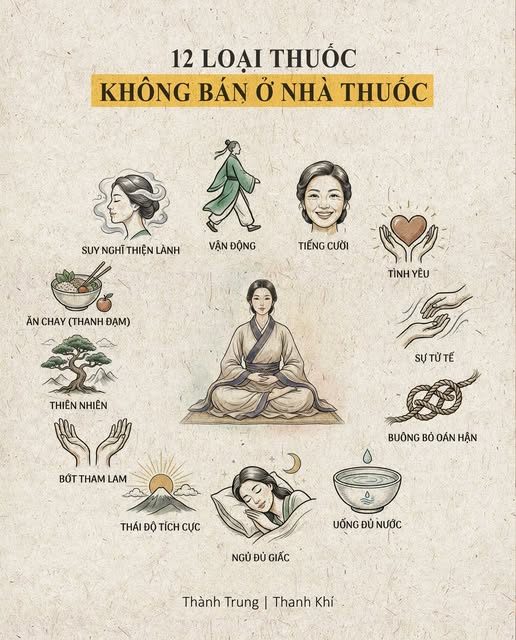 12 LOẠI "THUỐC" — KHÔNG BÁN Ở NHÀ THUỐC — Trong Nội Kinh, có một câu cốt lõi: — “Thánh nhân bất trị dĩ bệnh, trị vị bệnh.” — Bậc trí không đợi bệnh mới chữa, mà chữa từ khi bệnh chưa sinh. — Cổ nhân cũng nói: — “Thượng y trị quốc – Trung y trị nhân – Hạ y trị bệnh.” — Người chữa bệnh giỏi nhất không phải bác sĩ, — mà là chính bạn – qua cách bạn sống mỗi ngày. — CÓ 12 LIỀU "THUỐC" AI CŨNG CẦN DÙNG: — 1. Vận động – thuốc lưu thông khí huyết
