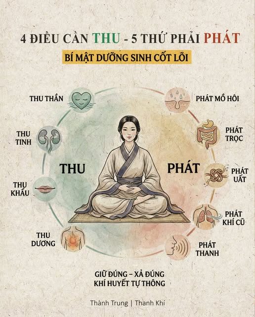 QUY LUẬT SINH TỒN: — 4 ĐIỀU CẦN THU — 5 THỨ PHẢI PHÁT — Nội Kinh chỉ ra một nguyên lý rất khác với tư duy hiện đại: — Sức khỏe không nằm ở việc bồi bổ bao nhiêu, mà nằm ở biết MỞ – ĐÓNG đúng lúc. — Cổ thư viết: — Dương khí trong người quý như mặt trời. — Nếu cửa ngõ cơ thể không biết khi nào nên Thu – khi nào nên Phát, bệnh tật sẽ thừa cơ xâm nhập. — ->Người dưỡng sinh giỏi không phải người nạp nhiều, — mà là người giữ đúng cái cần giữ – xả đúng cái cần xả.