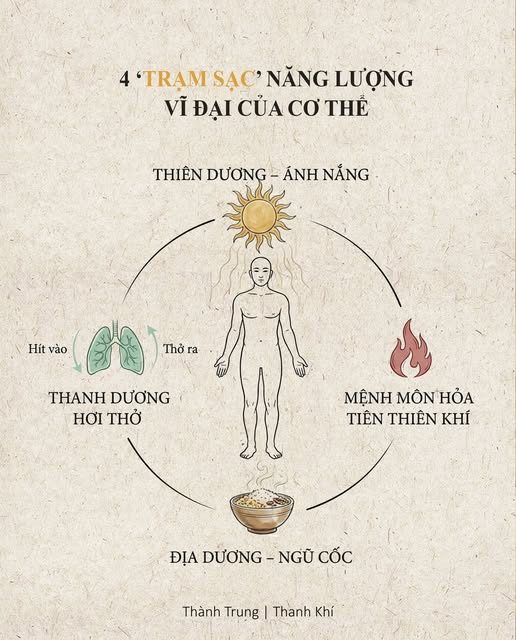 4 NGUỒN NĂNG LƯỢNG — NUÔI SỐNG CON NGƯỜI — Dương khí trong người cũng như Mặt trời trên cao. — Mặt trời lặn thì vạn vật tối tăm. — Dương khí mất thì sự sống chấm dứt. — Trong Hoàng Đế Nội Kinh, sức khỏe không đến từ thuốc bổ. — Nó đến từ quản trị năng lượng. — Con người sống nhờ 4 nguồn sau: — 1. NGUỒN TỪ TRỜI: ÁNH NẮNG (THIÊN DƯƠNG) — Đây là trạm sạc vĩ đại và vô tận nhất.