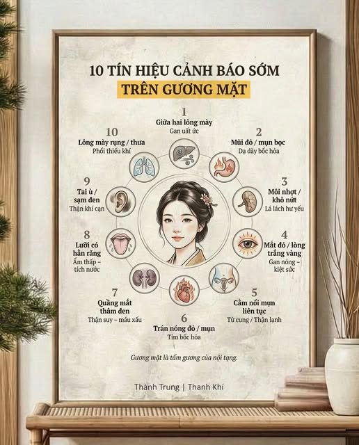 1. Giữa hai lông mày nhăn/tối màu: — Gan đang uất ức (Do hay cau có, lo âu). — 2. Mũi đỏ hoặc nổi mụn bọc: — Dạ dày đang bốc hỏa (Do ăn cay nóng, rượu bia). — 3. Môi nhợt nhạt hoặc khô nứt: — Lá lách hư yếu (Thiếu máu, thiếu nước). — 4. Mắt đỏ hoặc lòng trắng vàng: — Gan nóng/kiệt sức (Do thức khuya quá độ). — 5. Cằm nổi mụn liên tục: