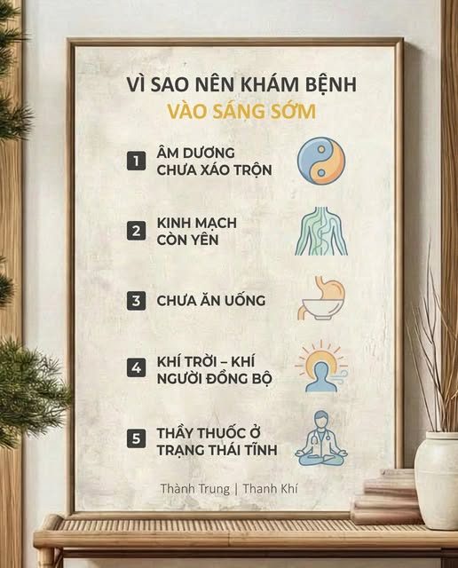 SAU 18 NĂM QUAN SÁT NGƯỜI RA VÀO PHÒNG KHÁM — CỦA CẬU HAI NHÀ MÌNH, THÌ... — Nếu thuận lợi hãy đến KHÁM VÀO BUỔI SÁNG — Trong Hoàng Đế Nội Kinh, có một nguyên tắc rất rõ: — Khám bệnh – chẩn mạch tốt nhất là vào sáng sớm. — Không phải vì tiện giờ. — Mà vì đó là lúc cơ thể nói thật nhất.