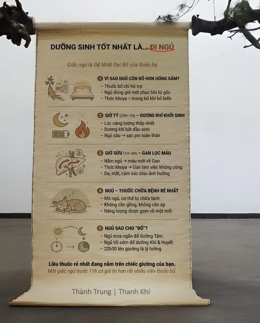 DƯỠNG SINH TỐT NHẤT LÀ… ĐI NGỦ — Bạn có thể chi nhiều tiền mua Yến sào, Nhân sâm,.. — Nhưng nếu đêm nào cũng thức tới 1–2h sáng làm việc hay lướt điện thoại. — Thì trong mắt các danh y xưa, đó chỉ là mang muối bỏ biển. — Trong giới dưỡng sinh có một “luật ngầm” rất ít người để ý: — Giấc ngủ là Đệ Nhất Đại Bổ của thiên hạ. — Và điều này đã được viết rất rõ trong Hoàng Đế Nội Kinh. — Vì sao NGỦ còn bổ hơn uống sâm?