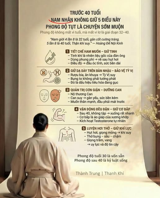 TRƯỚC 40 TUỔI – NAM NHÂN KHÔNG GIỮ 5 ĐIỀU NÀY — PHONG ĐỘ TỤT LÀ CHUYỆN SỚM MUỘN — Cổ thư viết rất rõ: — “Nam giới 4 lần 8 là 32 tuổi, gân cốt cường tráng. — Đến 5 lần 8 là 40 tuổi, Thận khí suy, tóc rụng, răng khô.” — — Hoàng Đế Nội Kinh — 32 tuổi là đỉnh cao. — Từ 32 đến 40 là giai đoạn quyết định. — Đây là lúc nam nhân lao vào kiếm tiền, áp lực chồng áp lực, uống rượu nhiều hơn ngủ, dùng sức khỏe như tài nguyên vô hạn. Nếu lơ là trong giai đoạn này, sau 40 bạn sẽ thấy mọi thứ xuống rất nhanh: lưng đau, bụng nặng, người mệt, phong độ giảm mà không hiểu vì sao. — Muốn giữ được bản lĩnh sau trung niên, đây là 5 điều bắt buộc phải giữ: