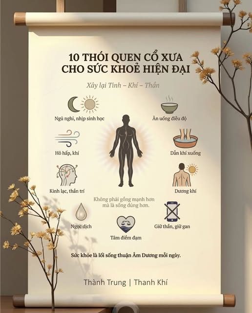 10 ĐÚT KẾT ĐỂ CẢI THIỆN SỨC KHOẺ — KHI MÌNH LÀM NỘI DUNG VỀ NỘI KINH — Giả sử năm 2026, nếu mình không còn gì ngoài một cơ thể mệt mỏi và một cái đầu quá tải. — Không detox cực đoan. — Không trào lưu sức khỏe ồn ào. — Không “hack” cơ thể bằng ý chí. — Mình chỉ giữ lại 10 điều cốt yếu này để xây lại Tinh – Khí – Thần từ gốc. — 1. Ngủ trước giờ Tý (trước 23h)