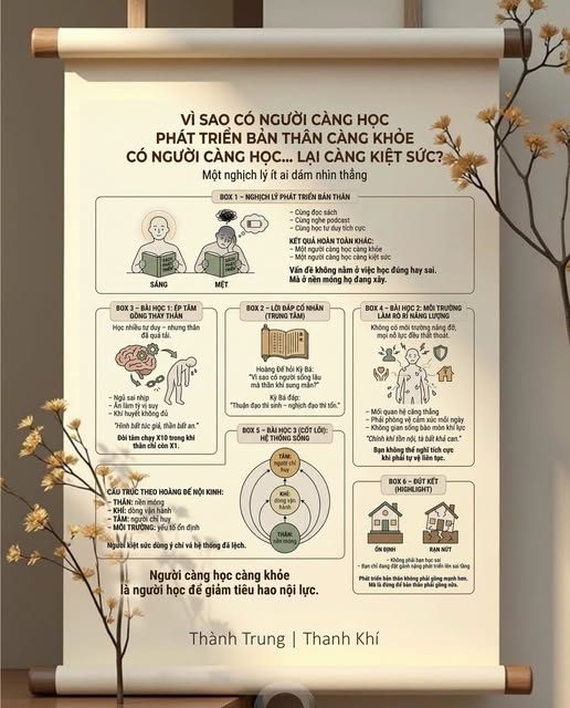 VÌ SAO CÓ NGƯỜI CÀNG HỌC PHÁT TRIỂN BẢN THÂN - THÌ - CÀNG KHOẺ. — Còn có người càng học… lại CÀNG KIỆT SỨC — Nếu bạn quan sát đủ lâu, sẽ thấy một nghịch lý quen thuộc: — – Hai người cùng đọc sách phát triển bản thân — – Cùng nghe podcast — – Cùng học tư duy tích cực, kỷ luật, chánh niệm — Nhưng kết quả hoàn toàn khác nhau: — – Một người càng học càng nhẹ người, nhiều năng lượng